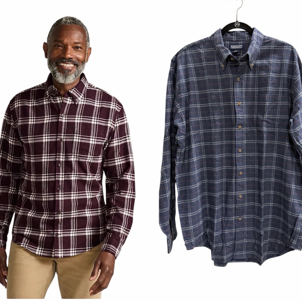 NWOT LAND'S END Flagship Flannel Button Down Shirt Blue Plaid Size Large